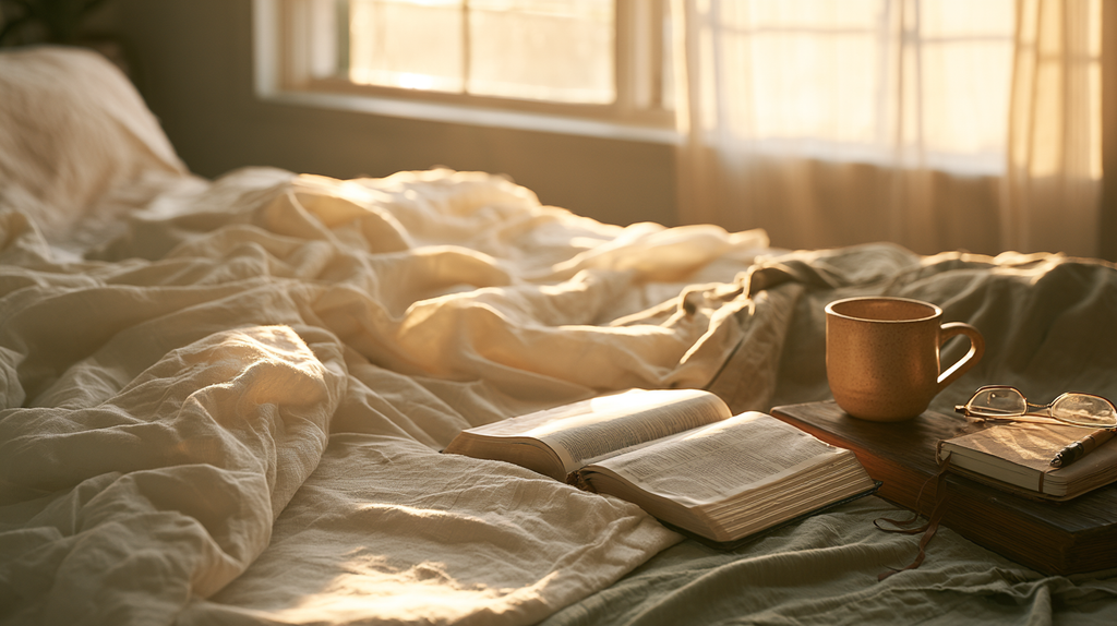 A cozy morning bedroom graphic titled 'A Morning Prayer for Women Who Wake Up Anxious' by FaithFullHeartDaily.