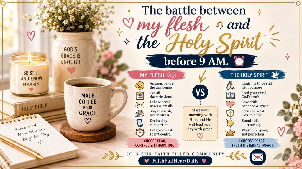 An aesthetic graphic comparing 'My Flesh' vs 'The Holy Spirit' morning struggles, featuring coffee, candles, a Bible, and devotional prompts by FaithFullHeartDaily.
