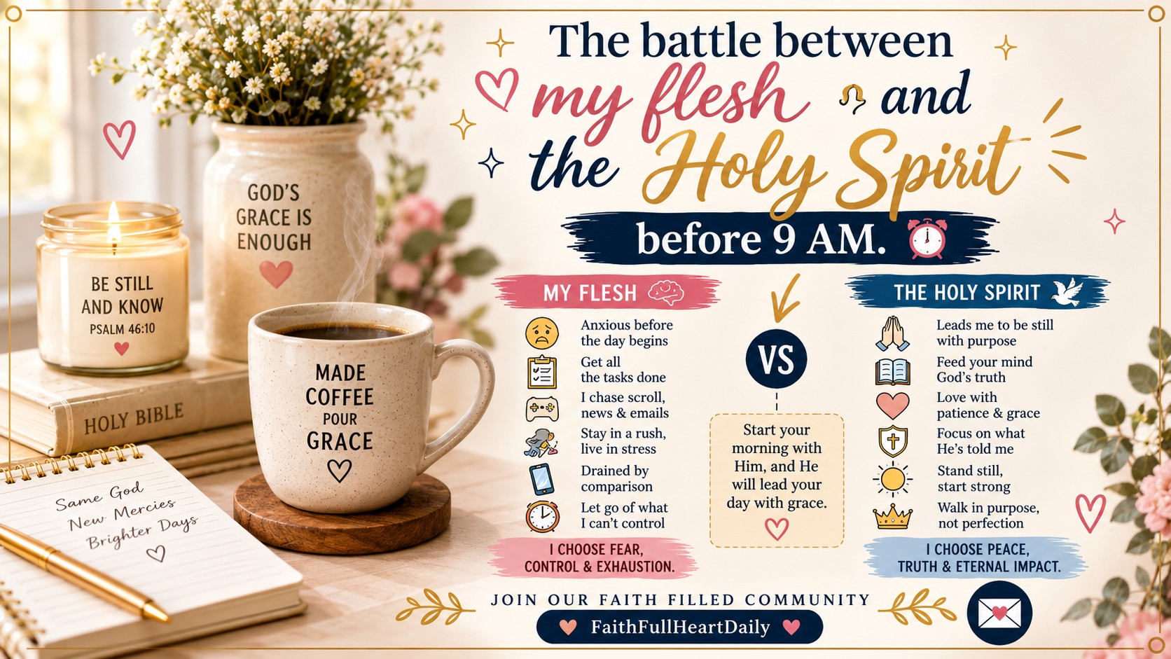 An aesthetic graphic comparing 'My Flesh' vs 'The Holy Spirit' morning struggles, featuring coffee, candles, a Bible, and devotional prompts by FaithFullHeartDaily.