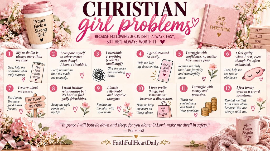 An aesthetic pink Christian infographic titled 'Christian Girl Problems' listing 12 common struggles like overthinking, comparison, and worry, paired with short prayer reflections and Psalm 4:8. Feeling unseen in a crowded world - finding worth in God