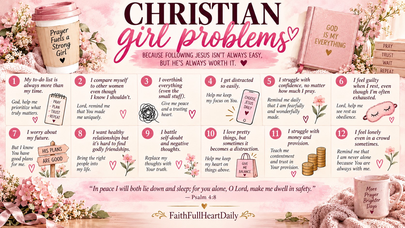 An aesthetic pink Christian infographic titled 'Christian Girl Problems' listing 12 common struggles like overthinking, comparison, and worry, paired with short prayer reflections and Psalm 4:8. Feeling unseen in a crowded world - finding worth in God