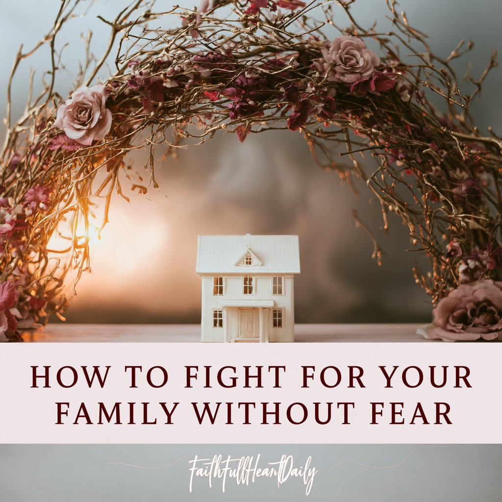 A blog header graphic titled 'How to Fight for Your Family Without Fear' featuring a glowing house framed by a rustic floral archway by FaithFullHeartDaily.