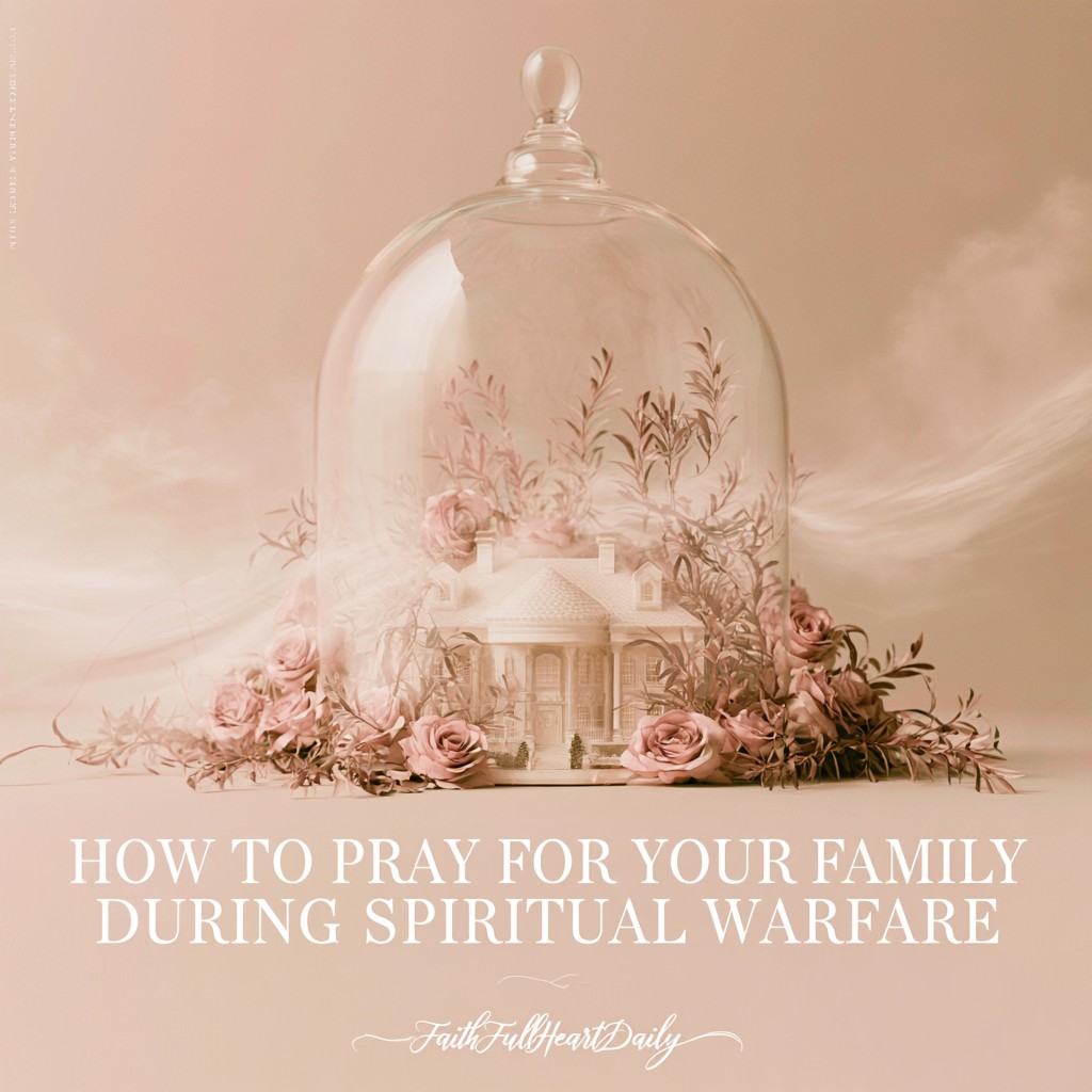 An aesthetic graphic titled 'How to Pray for Your Family During Spiritual Warfare' featuring a miniature house inside a glass cloche surrounded by roses.