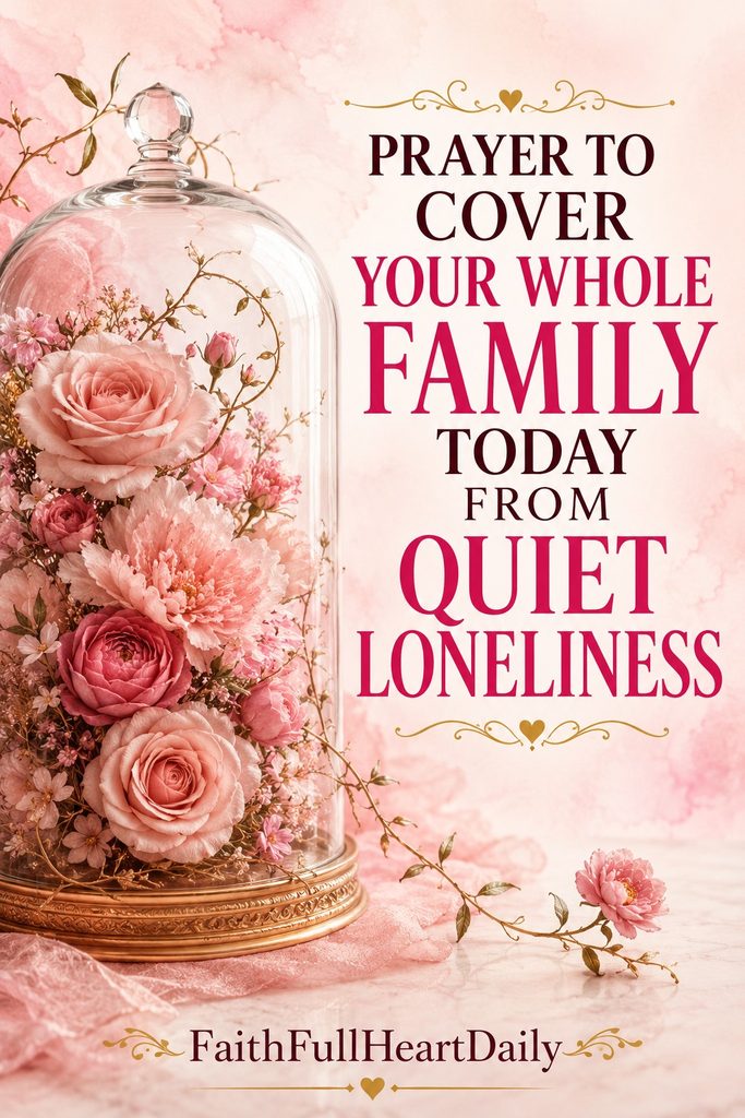 A decorative graphic featuring pink roses inside a glass cloche with the text "Prayer to Cover Your Whole Family Today From Quiet Loneliness" by FaithFullHeartDaily.