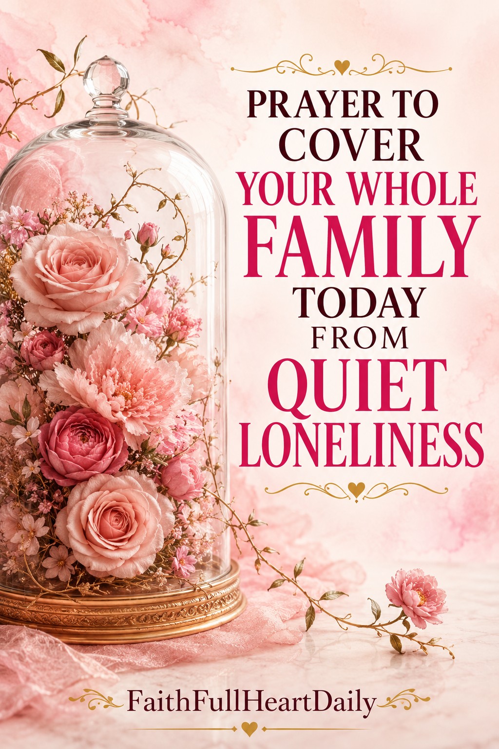 A decorative graphic featuring pink roses inside a glass cloche with the text "Prayer to Cover Your Whole Family Today From Quiet Loneliness" by FaithFullHeartDaily.