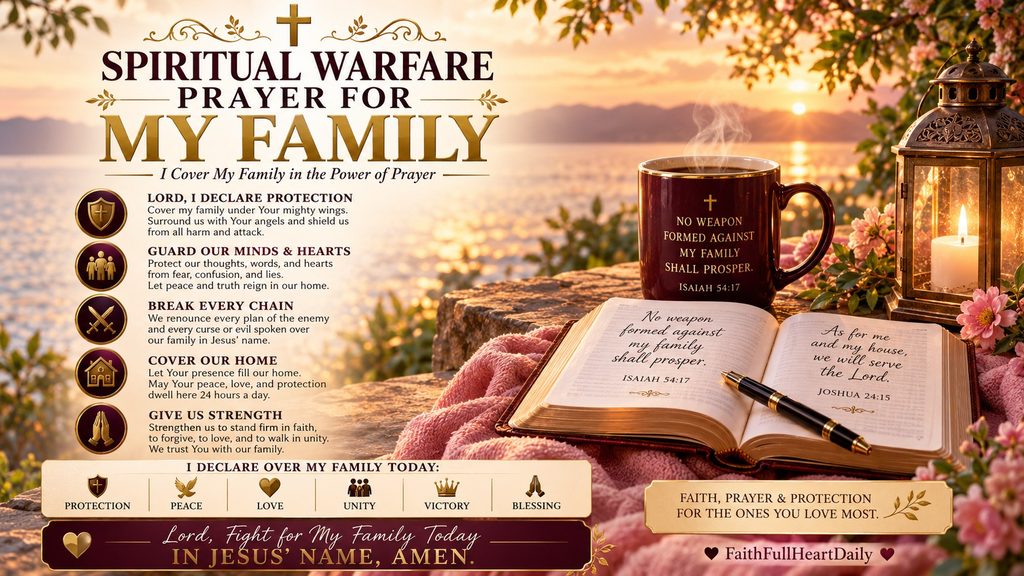 An inspirational graphic titled Spiritual Warfare Prayer For My Family, featuring an open Bible with Isaiah 54:17, a warm coffee mug, and a lit lantern beside a scenic lake.