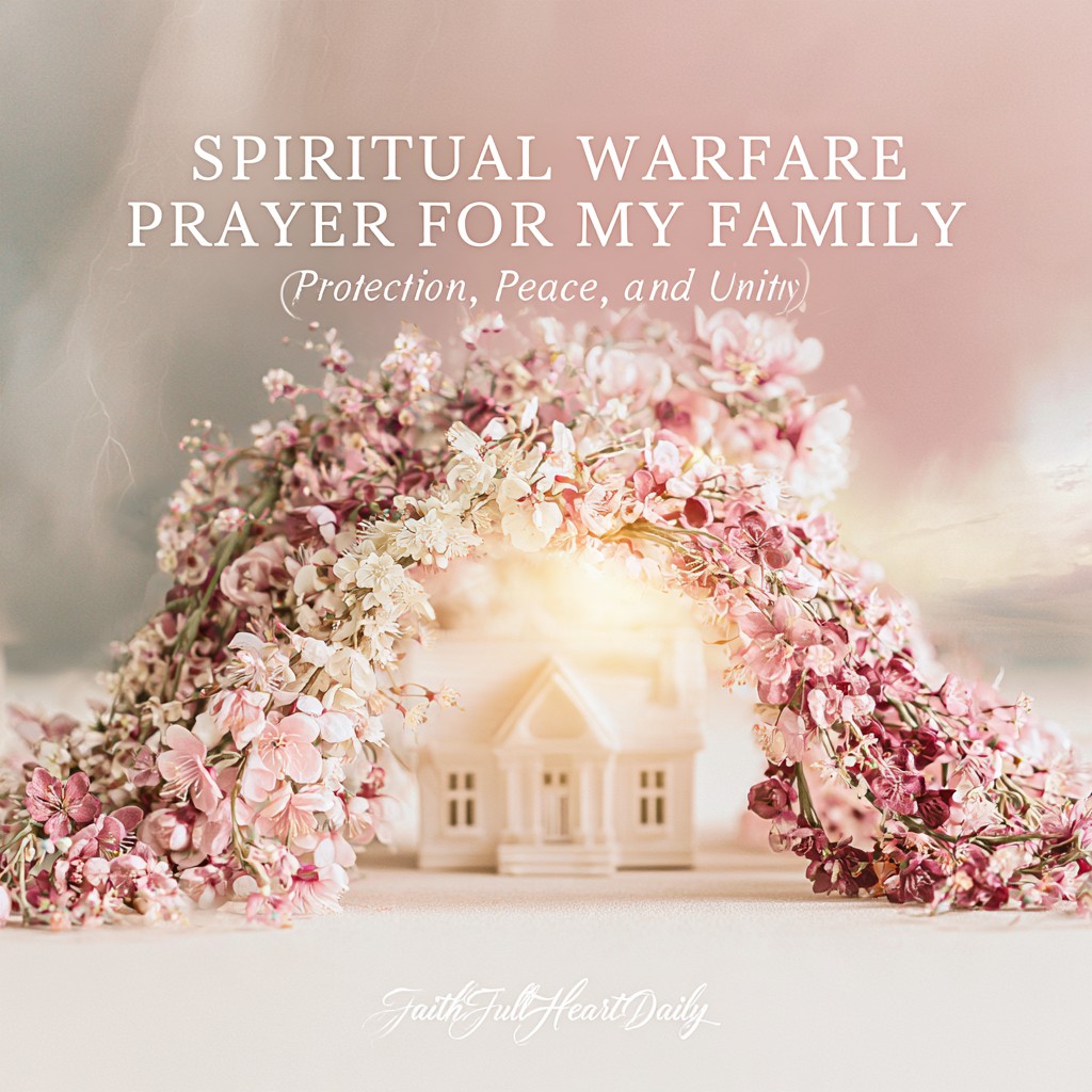 An inspirational graphic titled 'Spiritual Warfare Prayer For My Family' featuring a miniature house nestled inside a glowing floral archway by FaithFullHeartDaily.