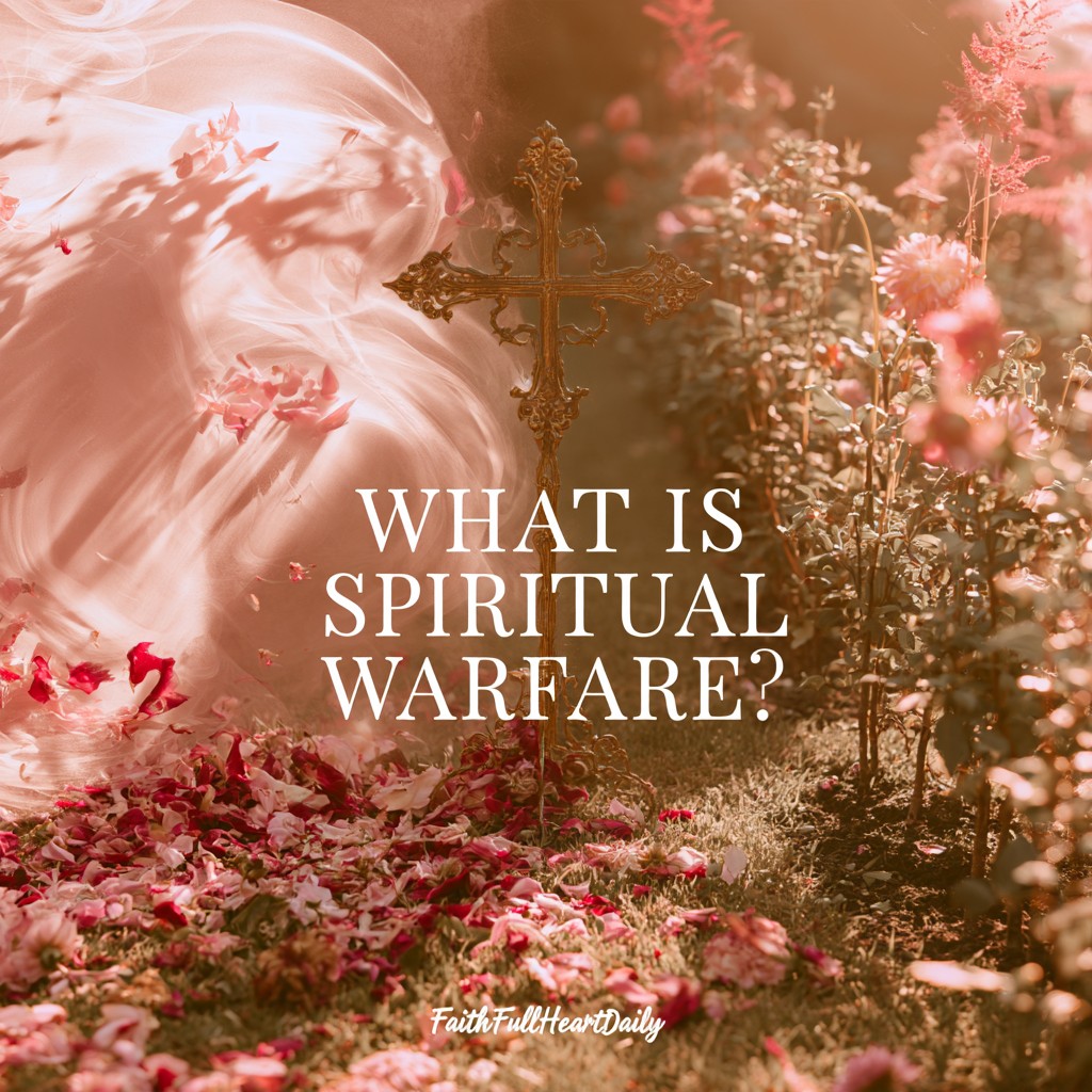 An aesthetic graphic titled 'What is Spiritual Warfare?' featuring soft swirling clouds, blush pink flowers, and elegant typography by FaithFullHeartDaily.