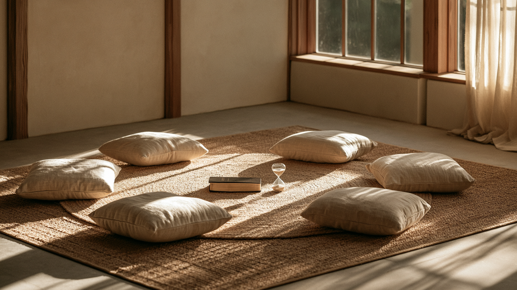 A peaceful circle of floor cushions illuminated by morning light, prepared for a 30 minute prayer meeting