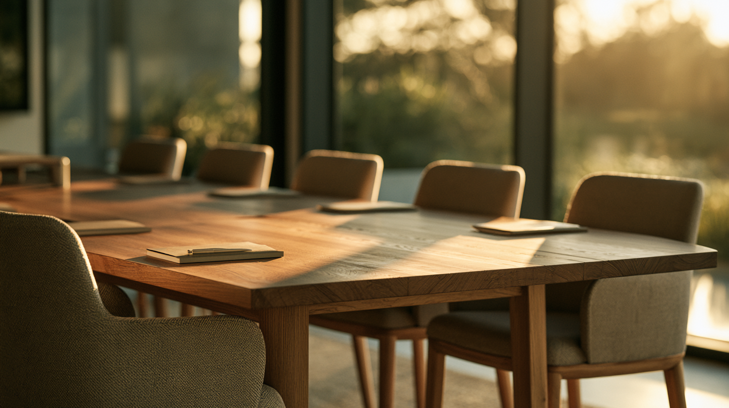 An empty wooden conference table illuminated by warm morning light, prepared for a group prayer meeting