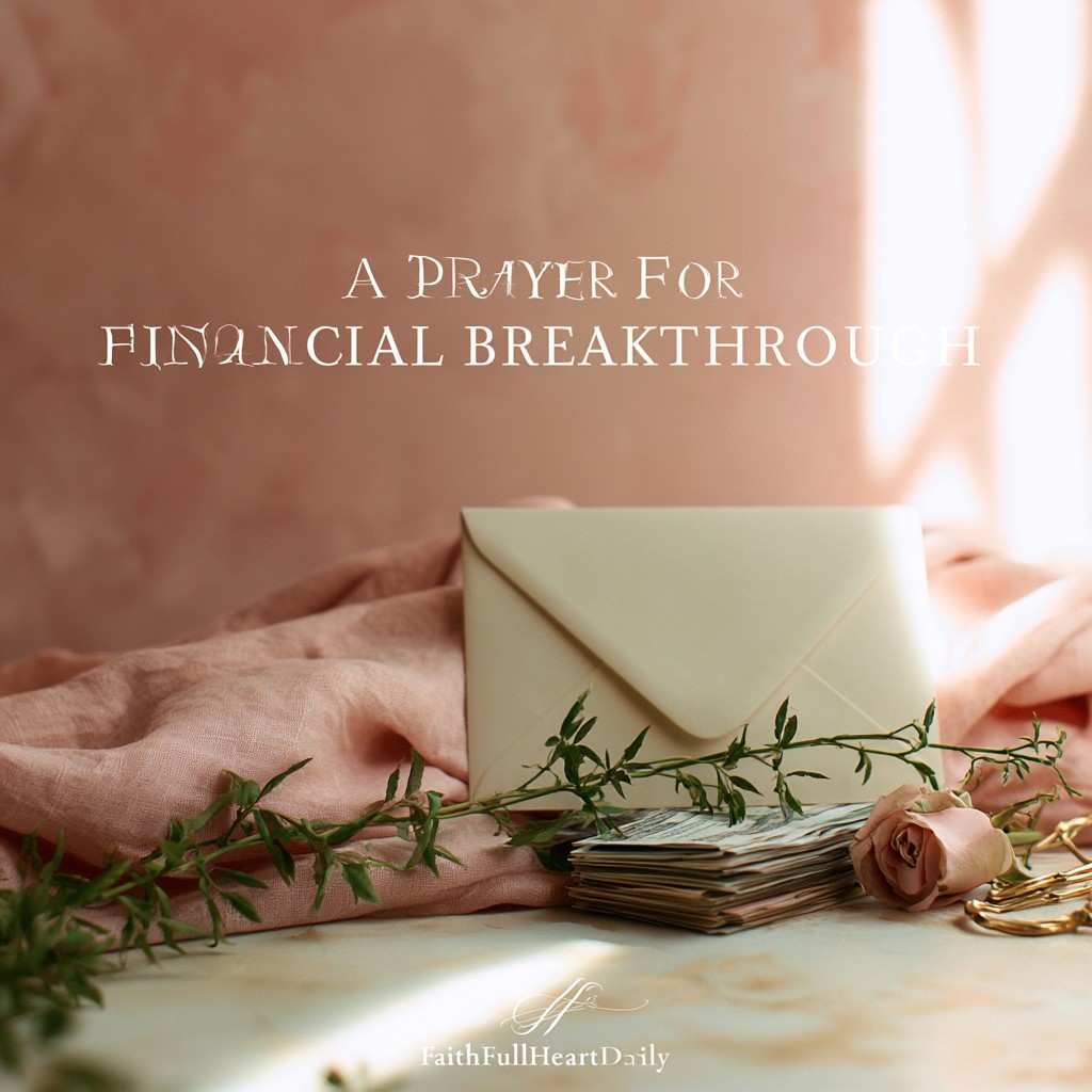 Warm aesthetic editorial photo of a delicate envelope, keys, and floral elements arranged at the bottom with text reading 'A PRAYER FOR FINANCIAL BREAKTHROUGH'
