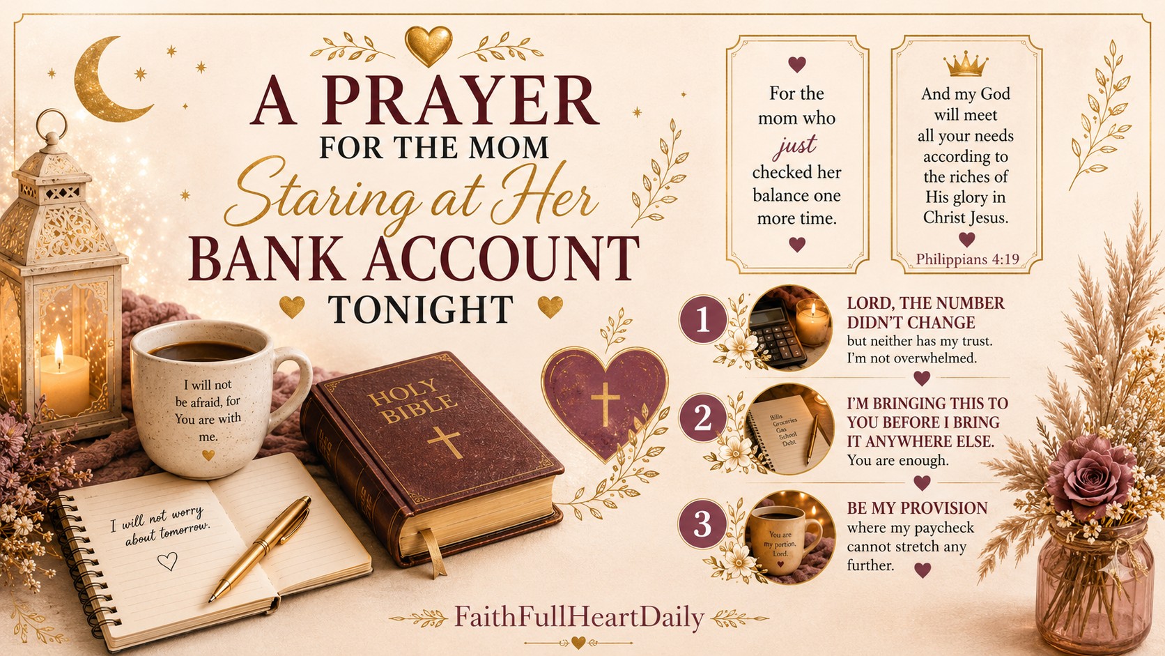 Soft warm graphic featuring a closed Bible, heart accent, and coins, with text reading 'A PRAYER FOR THE MOM staring at Her BANK ACCOUNT TONIGHT