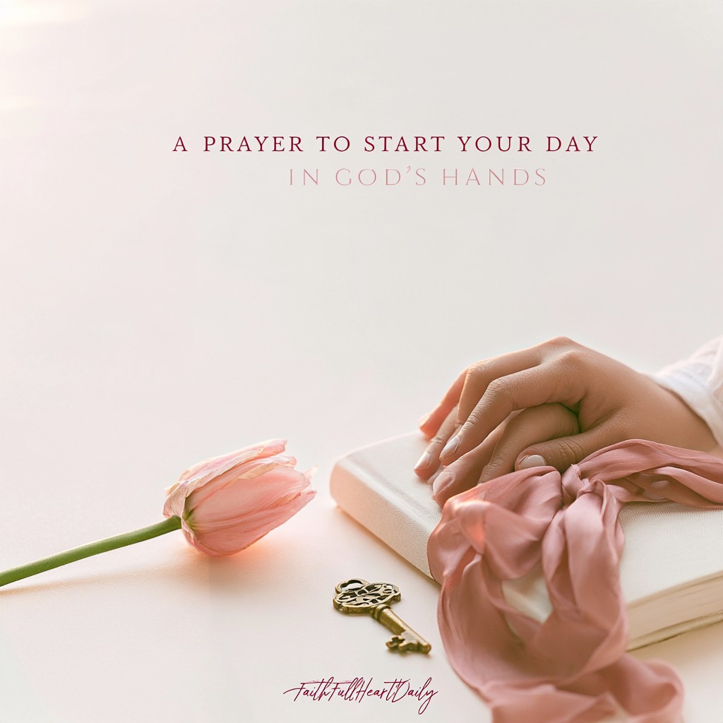 A serene morning graphic titled 'A Prayer to Start Your Day in God's Hands' featuring a pink tulip, vintage key, and satin ribbon on a warm surface by FaithFullHeartDaily.