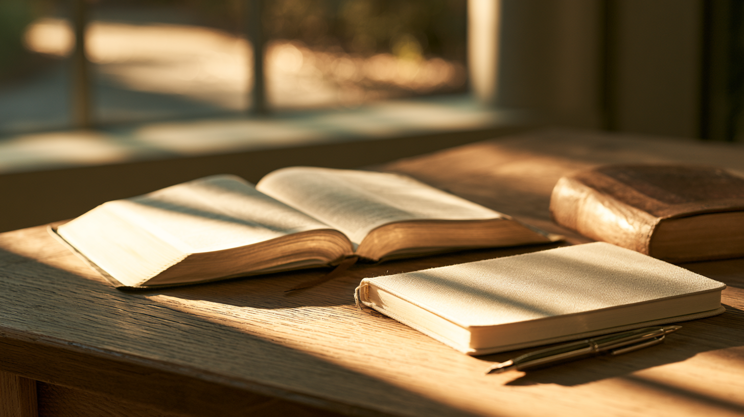 An open Bible and notebook on a sunlit wooden desk, illustrating the search for the best verse for a prayer meeting.