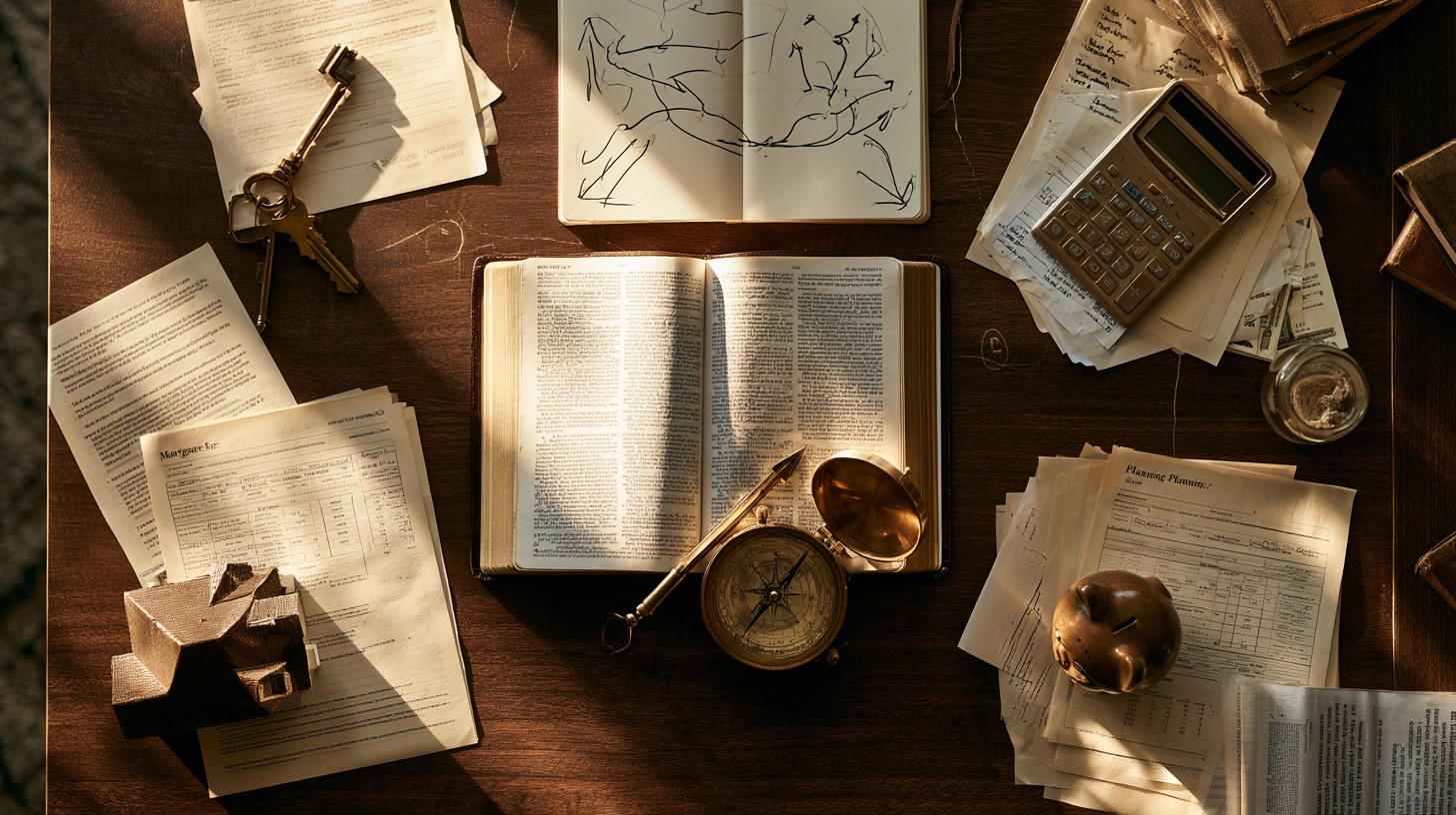 An open Bible with a brass compass resting on its pages, surrounded by financial papers and a calculator on a wooden desk.