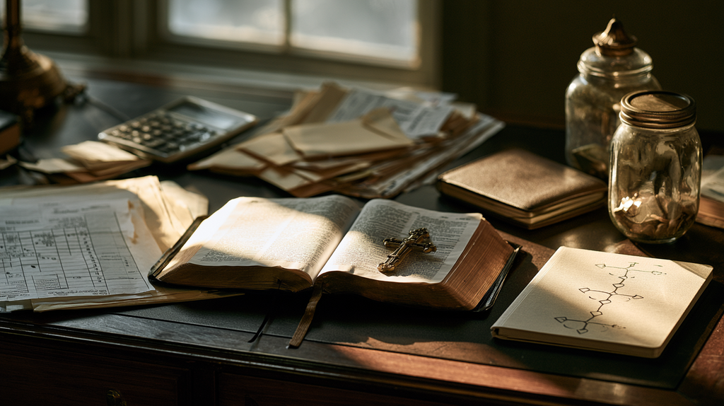 An open Bible resting on a wooden desk next to financial documents and a notebook in warm sunlight.