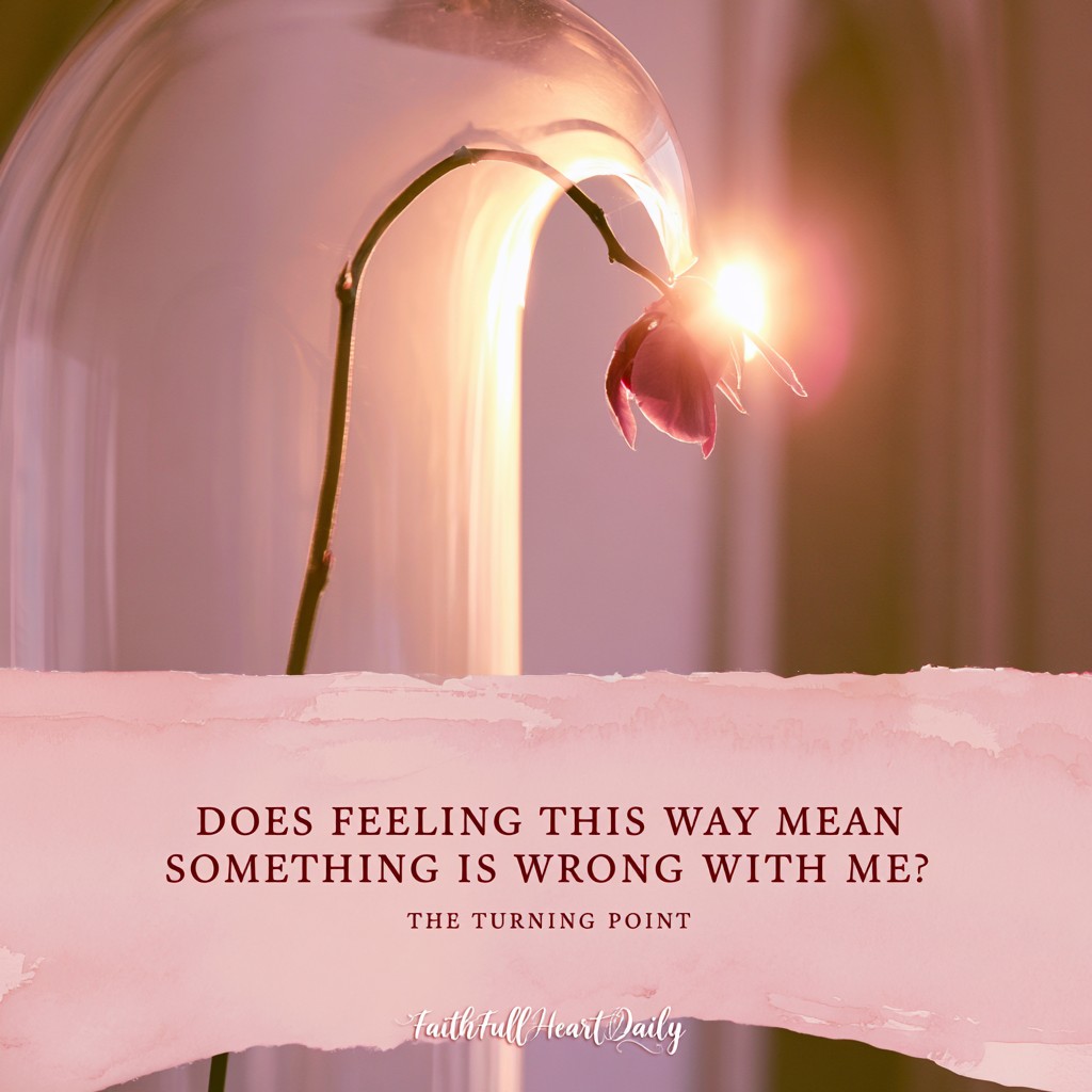 A soft, warm-toned aesthetic graphic featuring a delicate drooping flower stem under a glass cloche over a beige background with text reading Does Feeling This Way Mean Something Is Wrong With Me?