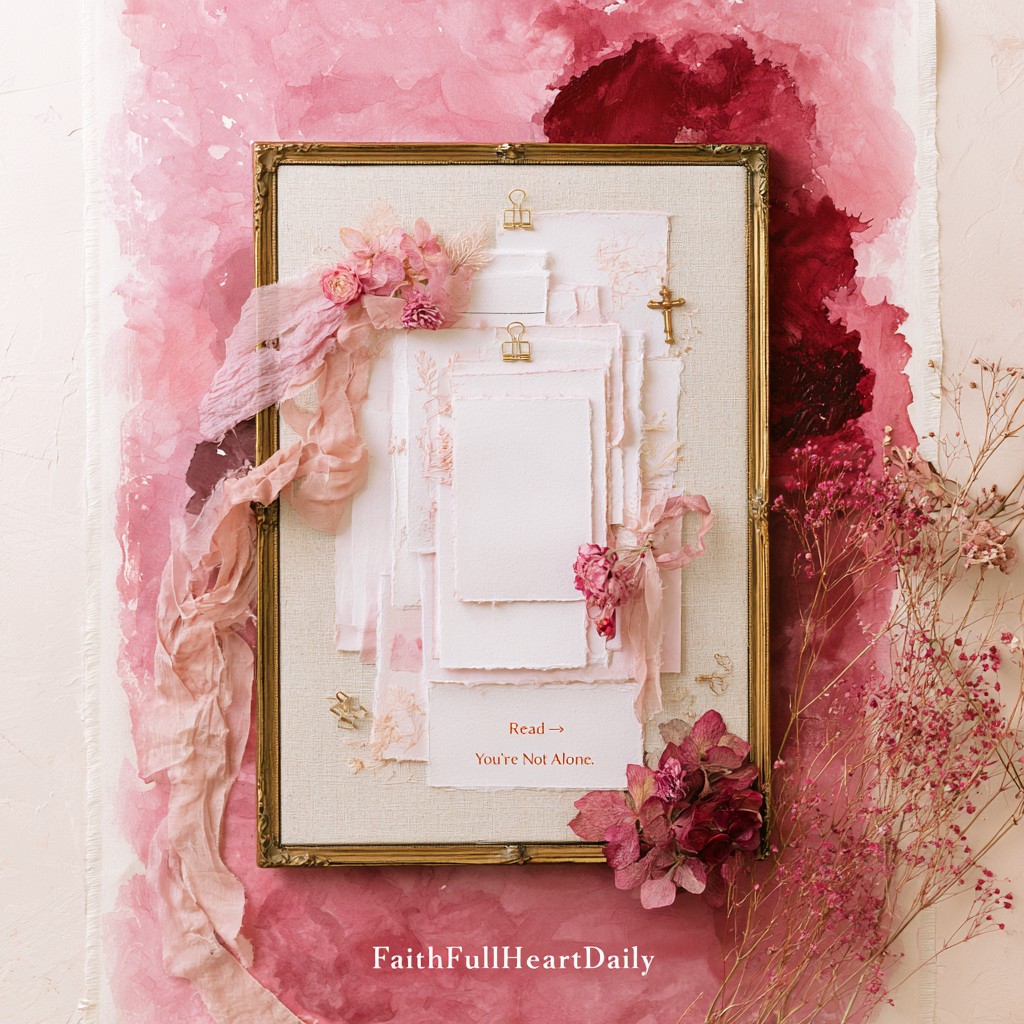 An aesthetic framed prayer board display with soft blush and burgundy florals, a small cross, silk ribbons, and blank cards, set against a warm, painterly backdrop with 'FaithFullHeartDaily' branding at the bottom.