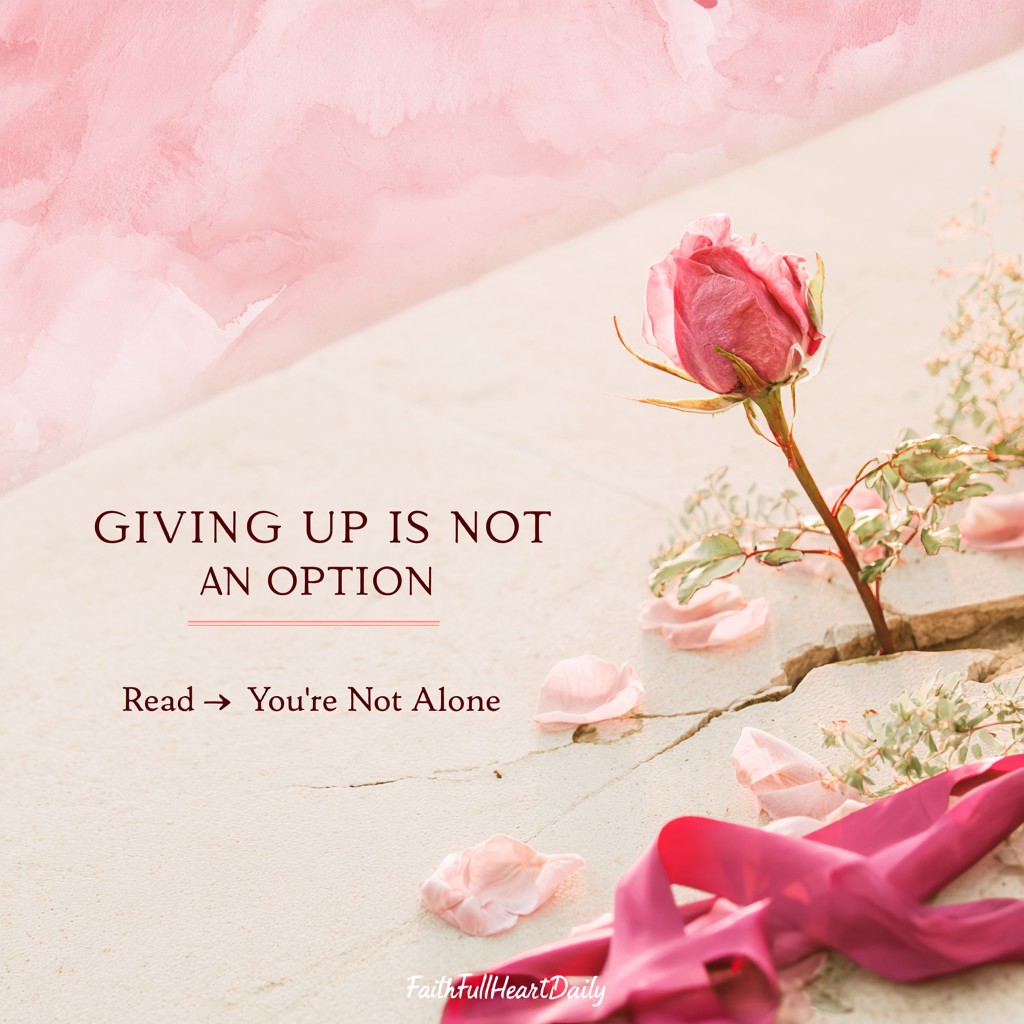 Minimalist aesthetic editorial image featuring a single pink rose pushing up through cracked concrete with the inspirational text 'Giving Up Is Not An Option' set against a warm, soft-toned background.