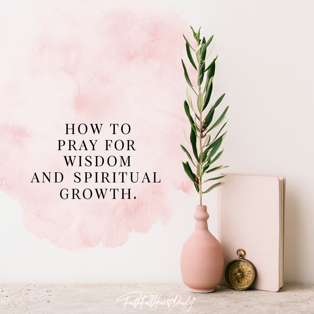 A warm, minimal aesthetic graphic featuring a small ceramic vase and sprig with bold text reading How to Pray for Wisdom and Spiritual Growth.