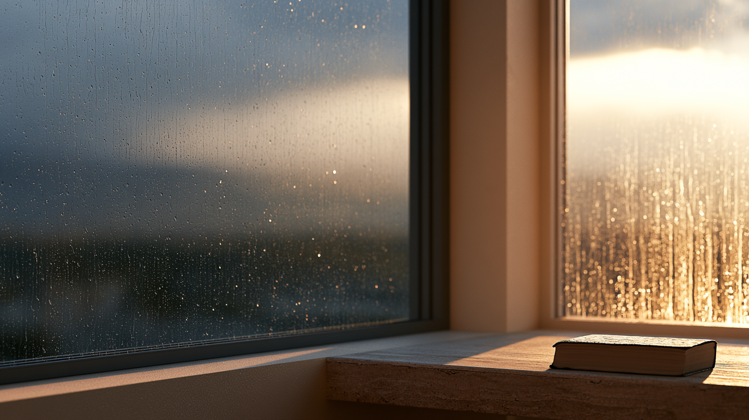 A peaceful rain-streaked window bathed in warm golden morning light, illustrating how to pray when feeling nervous.
