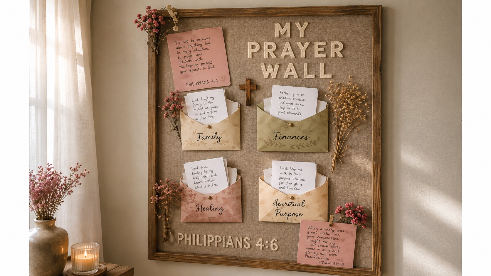 A cozy framed prayer board featuring four envelope pockets labeled Family, Friends, Work & Future, and Personal & Spiritual Growth, decorated with dried flowers and scripture from Philippians 4:6.