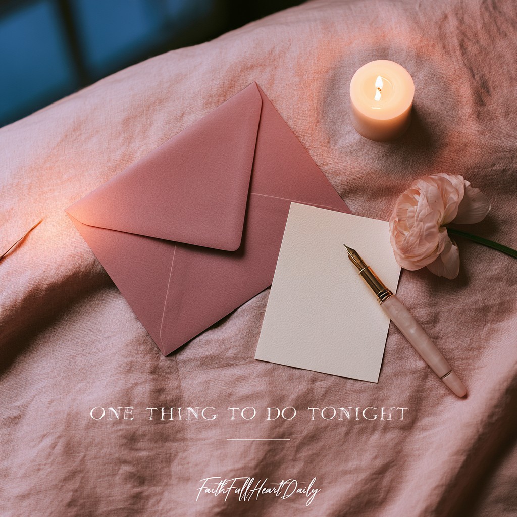 A cozy, warm-toned aesthetic image featuring a glowing candle, an open craft envelope, and a note card beside a pen with text reading One Thing to Do Tonight.