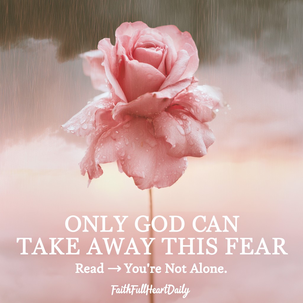 Minimalist Christian editorial photo featuring a single delicate dusty-pink rose in soft, warm light with text reading 'ONLY GOD CAN TAKE AWAY THIS FEAR'