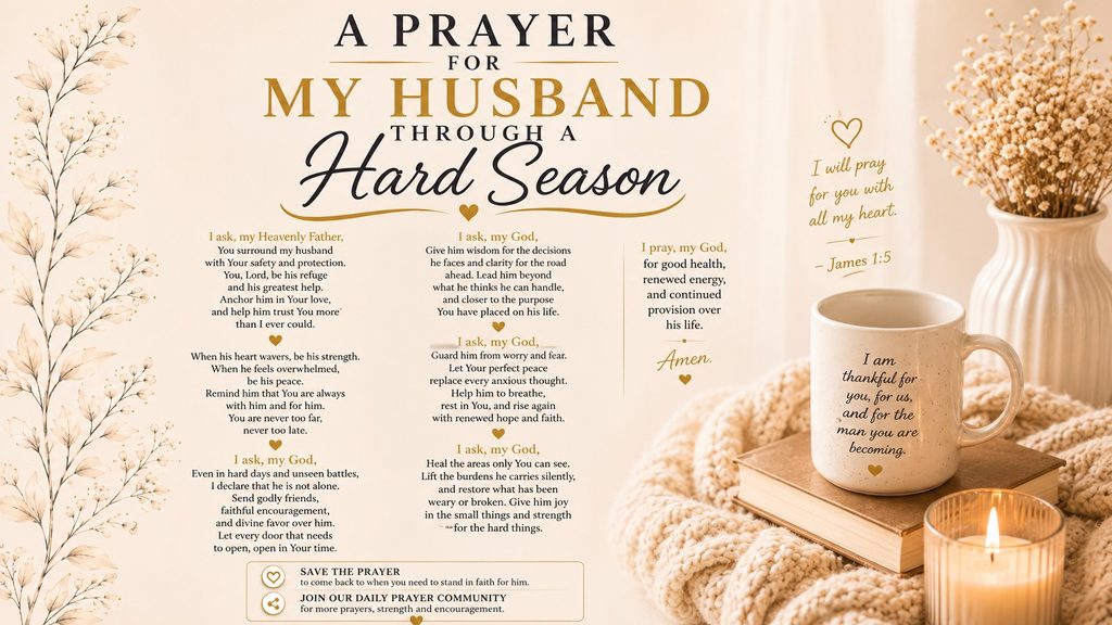 A decorative graphic featuring a warm-toned image of hands and flowers, accompanied by a prayer titled "A Prayer for My Husband through Hard Seasons
