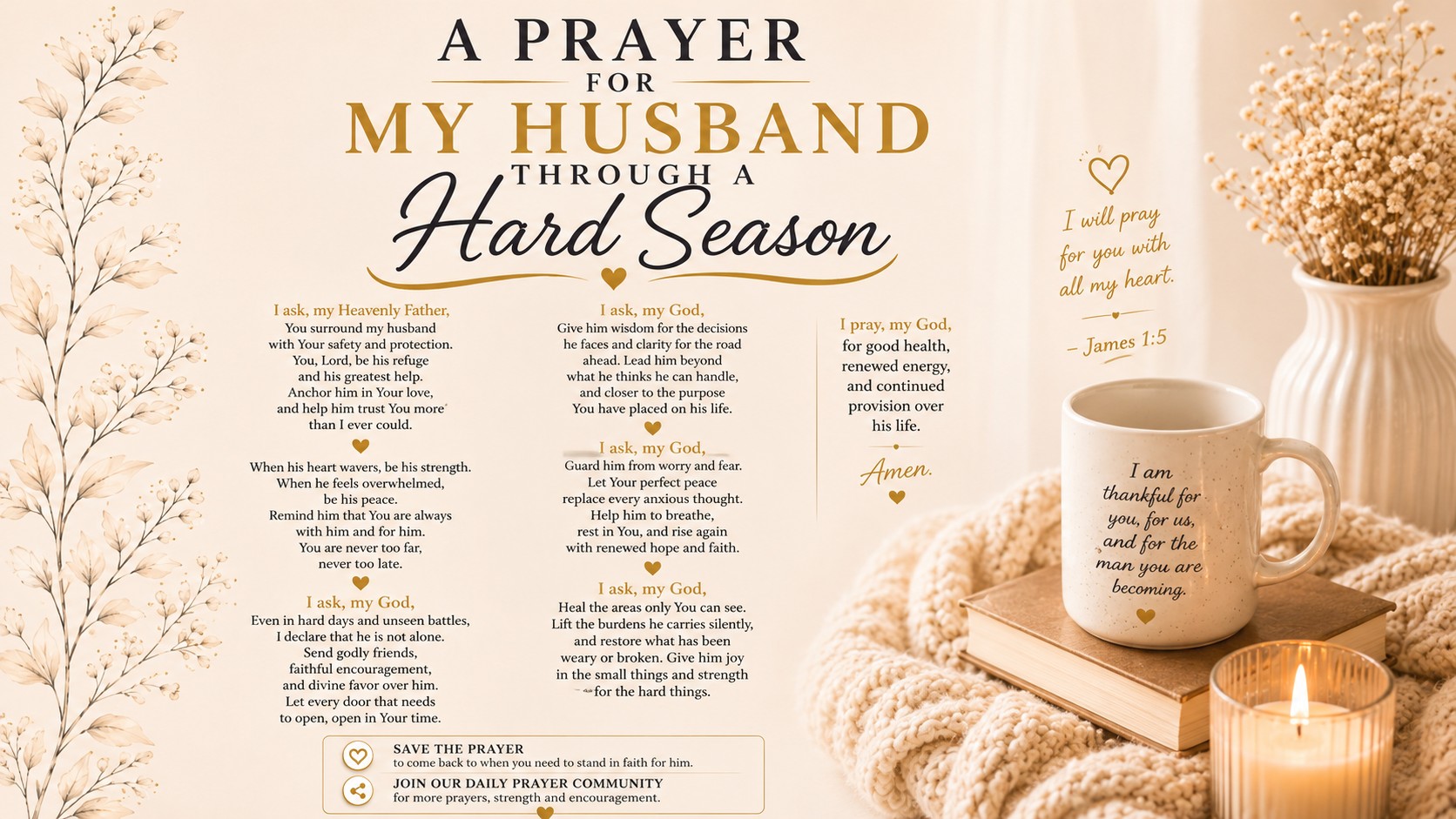 A cozy aesthetic image featuring a printable prayer card for a husband going through a hard season, placed beside a warm coffee mug, candle, and dried flowers.