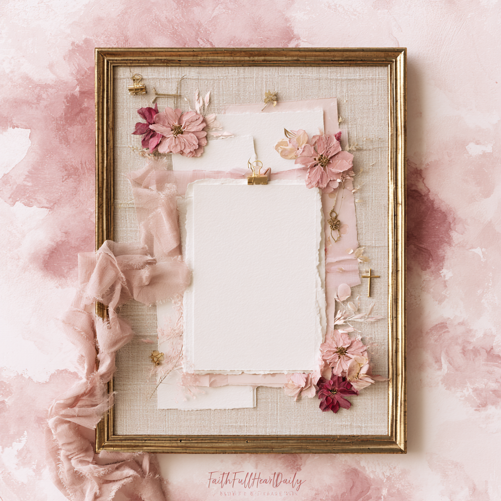 A framed aesthetic prayer board featuring soft pink fabric, delicate paper flowers, ribbons, a small cross, and blank cards for writing prayers, set against a watercolor background.