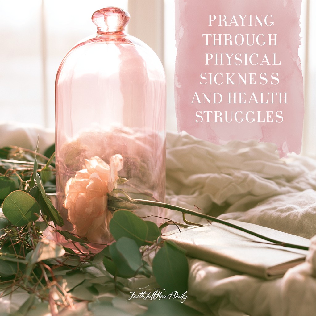 A warm, cozy aesthetic graphic featuring a pink glass bottle and eucalyptus stems with a clear text overlay reading Praying Through Physical Sickness and Health Struggles.