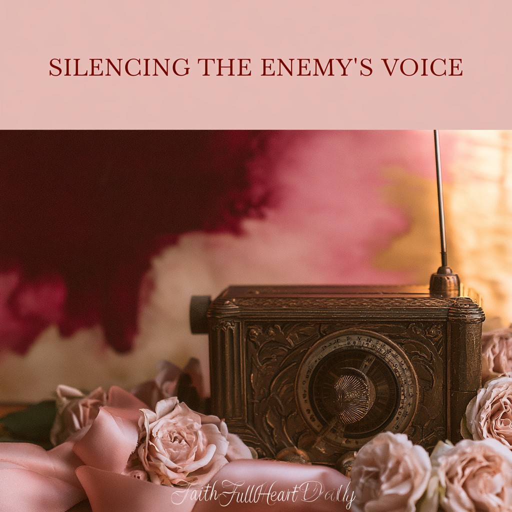 A warm, vintage aesthetic graphic featuring a classic radio surrounded by white roses with text reading Silencing the Enemy's Voice.