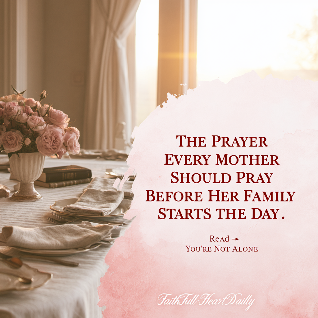 Aesthetic blog graphic featuring a cozy morning table setting with a vase of blush flowers, a folded napkin, and clear text reading 'THE PRAYER EVERY MOTHER SHOULD PRAY BEFORE HER FAMILY STARTS THE DAY