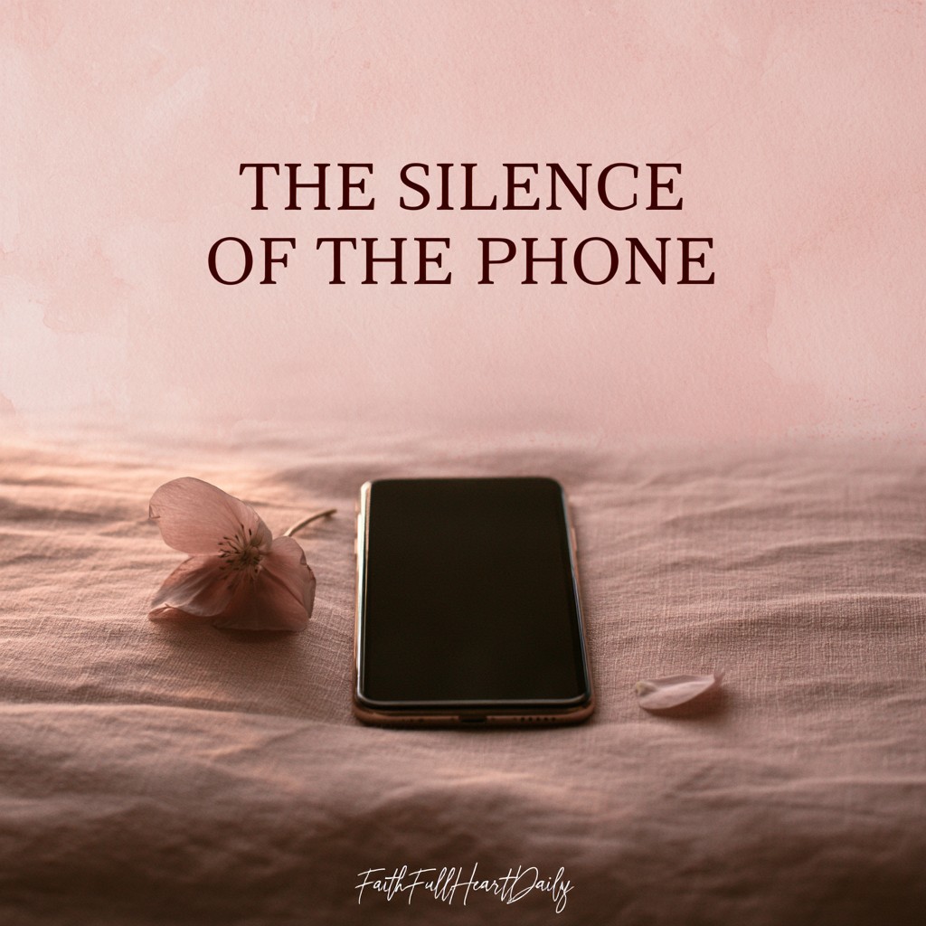 A minimal, warm-toned aesthetic image of a smartphone resting on fabric beside a flower, featuring the text The Silence of The Phone.