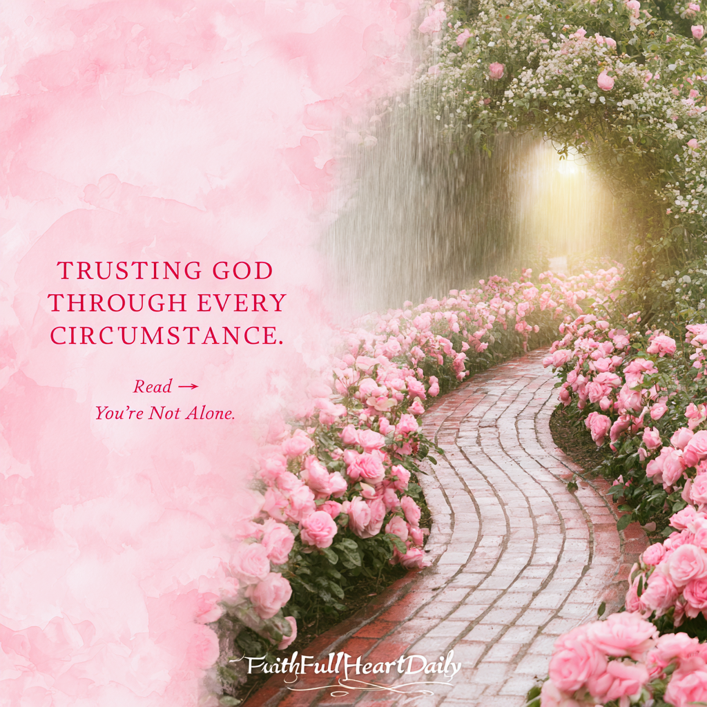 Warm, aesthetic editorial graphic featuring a winding stone garden path lined with blush roses leading to a glowing stone archway, overlaid with the text 'Trusting God Through Every Circumstance'.