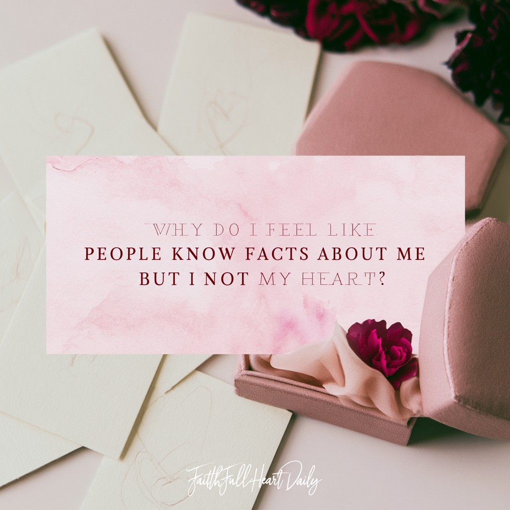 A soft, warm-toned aesthetic graphic featuring dried flowers next to a textured card with clear text reading Why Do I Feel Like People Know Facts About Me But Not My Heart?
