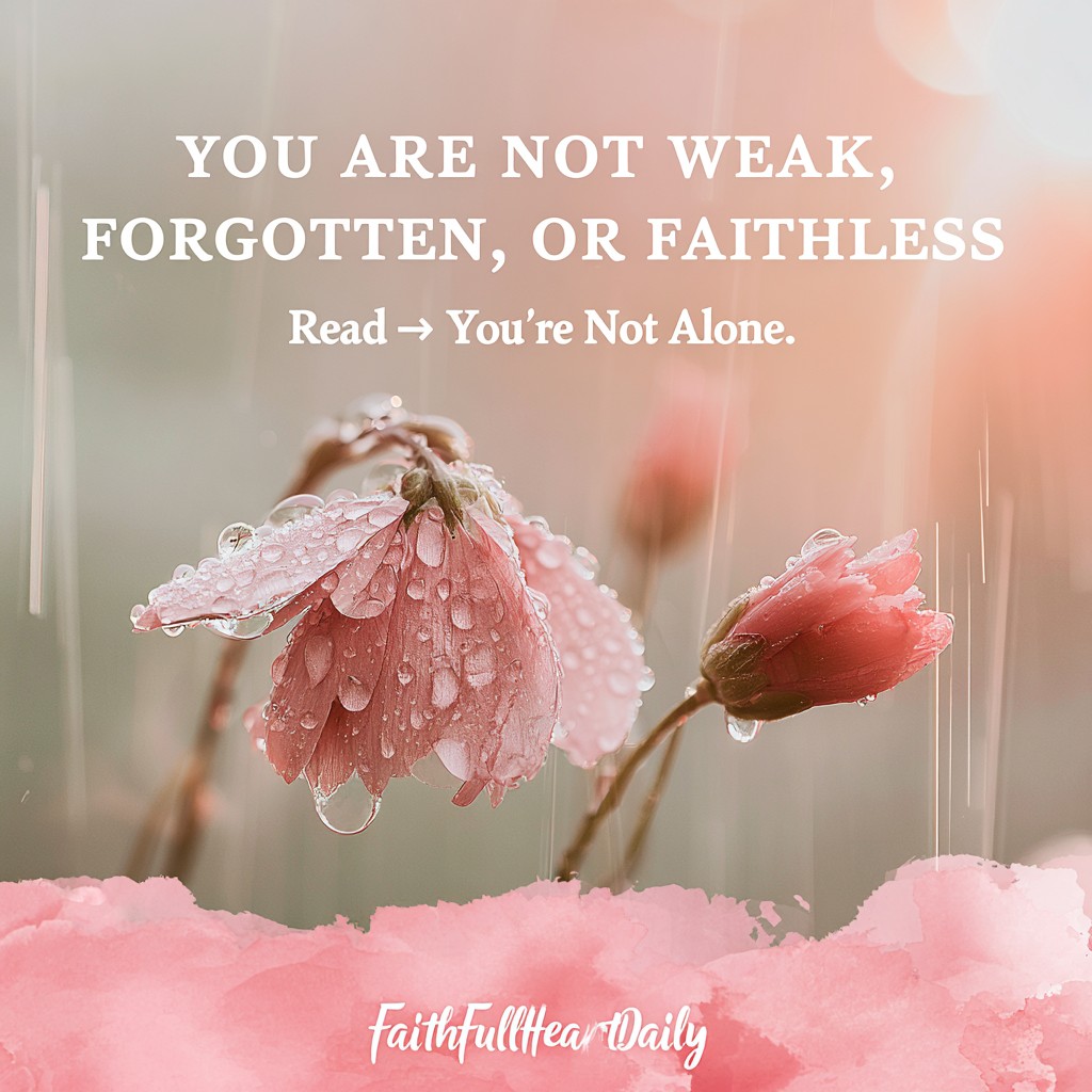 Soft aesthetic Christian graphic featuring rain droplets on a delicate stem in a foggy setting with clear text reading 'YOU ARE NOT WEAK, FORGOTTEN, OR FAITHLESS