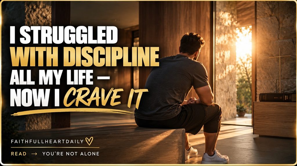 A man sits quietly in a warm, sunlit home beside a Bible and cross, with the words “I Struggled With Discipline All My Life — Now I Crave It.