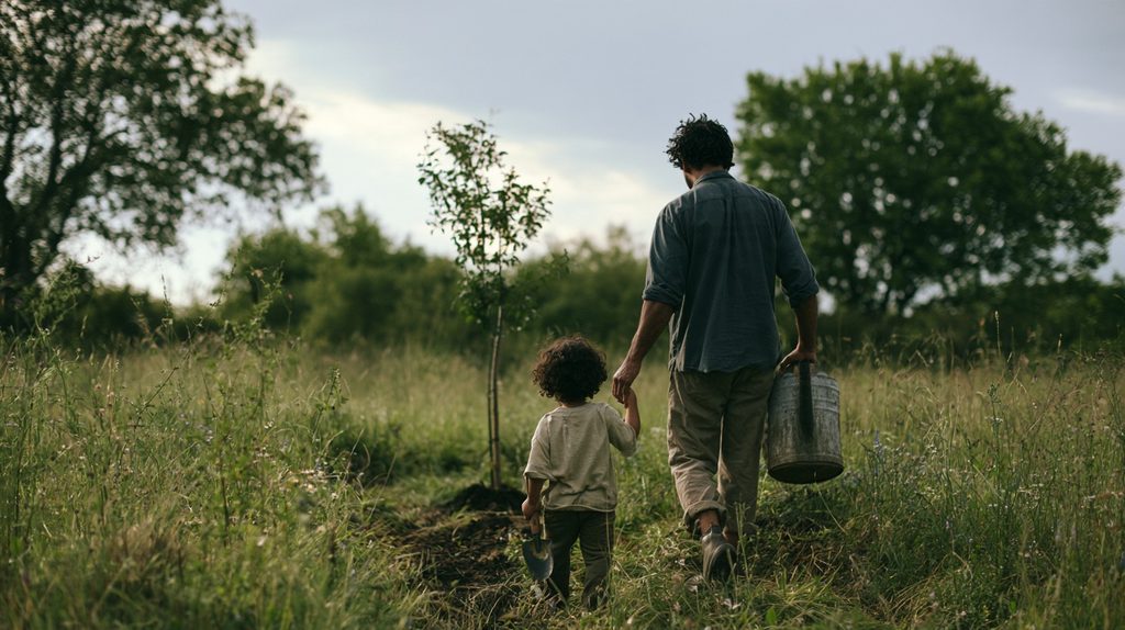 `A father holding hands with his young son in an open field beside a young tree, carrying a watering can to symbolize Christian fatherhood and spiritual legacy.`