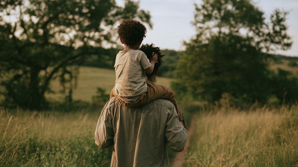 Alt Text: A father carrying his young son on his shoulders while walking through a sunlit field, symbolizing Christian fatherhood, uplifting legacy, and generational healing.