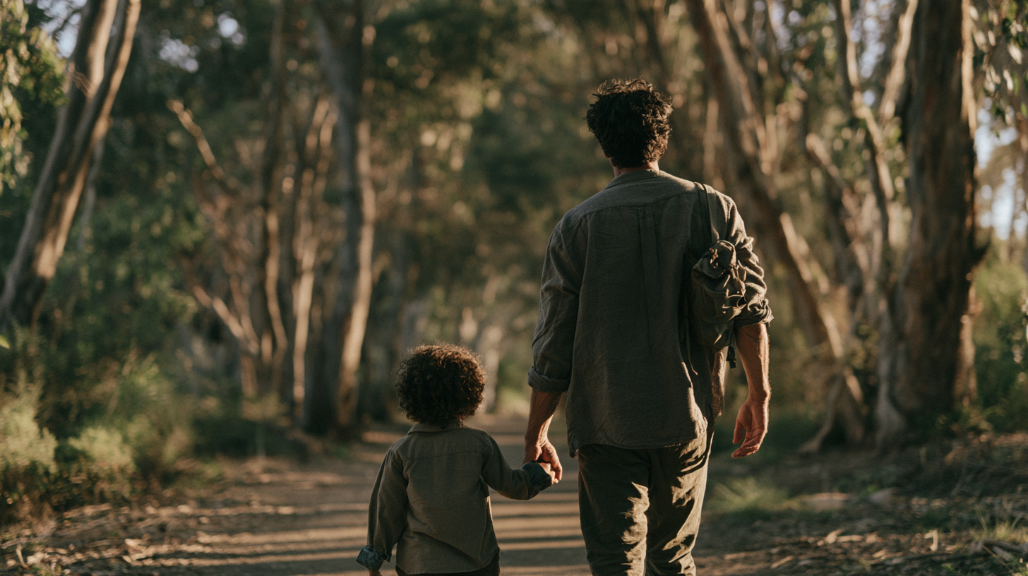`A father walking hand-in-hand with his young son down a sunlit forest path, symbolizing Christian fatherhood, guidance, and generational healing. Christian father testimony — father walking hand in hand with his son