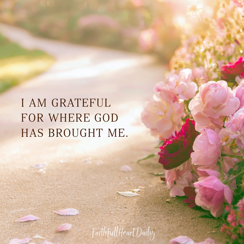 An aesthetic graphic titled 'I AM GRATEFUL FOR WHERE GOD HAS BROUGHT ME.' featuring a sunlit garden path bordered by pink flowers by FaithFullHeartDaily.
