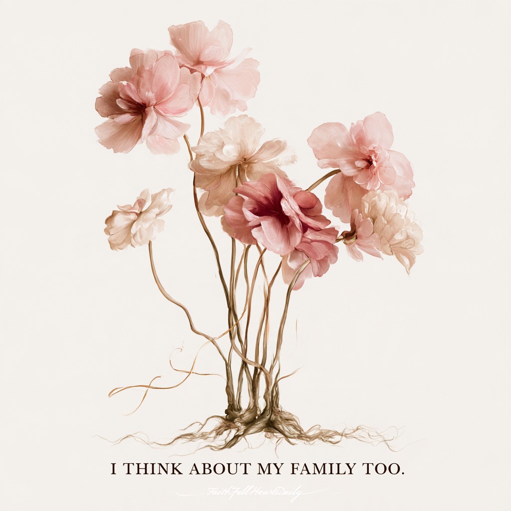 An aesthetic graphic titled 'I THINK ABOUT MY FAMILY TOO' featuring delicate blush flowers with intertwined roots on a warm neutral background by FaithFullHeartDaily.