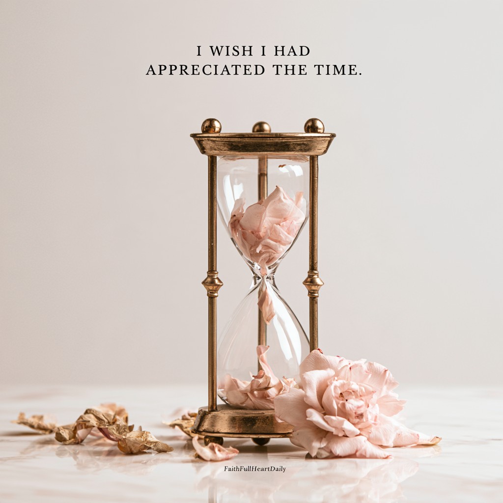 An aesthetic graphic titled 'I WISH I HAD APPRECIATED THE TIME.' featuring a vintage brass hourglass with rose petals by FaithFullHeartDaily.