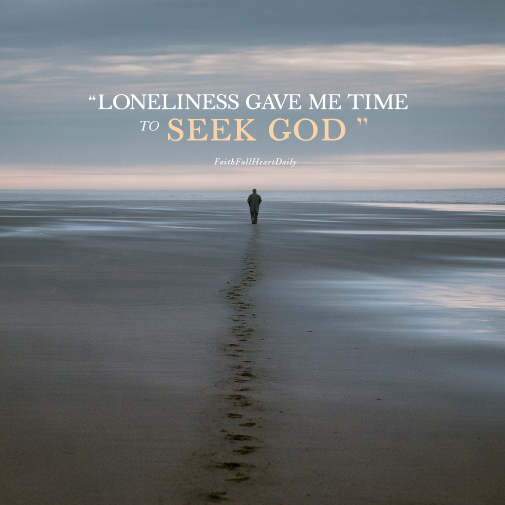 Inspirational graphic of a solitary person walking on an expansive beach with footprints leading to the ocean, overlayed with the quote 'Loneliness gave me time to seek God.