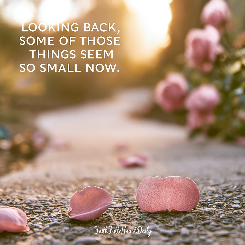 An aesthetic graphic titled 'Looking Back, Some of Those Things Seem So Small Now' featuring a sunlit garden path and dusty pink rose petals by FaithFullHeartDaily.