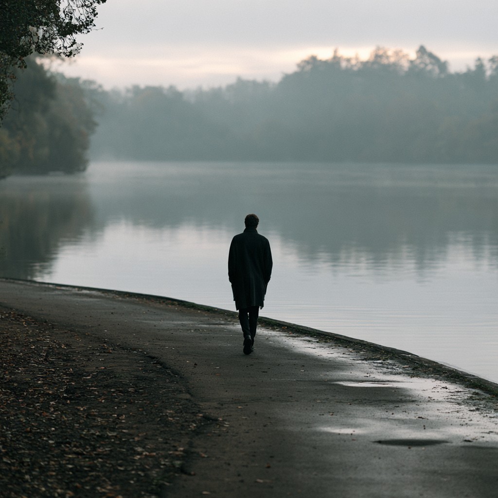 Man walking alone on a curving path beside a foggy lake at dawn, illustrating a personal testimony on overcoming loneliness.