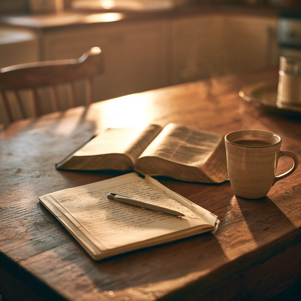 Open Bible, notebook with a pen, and a warm mug on a wooden table, representing daily quiet time and studying Scripture.