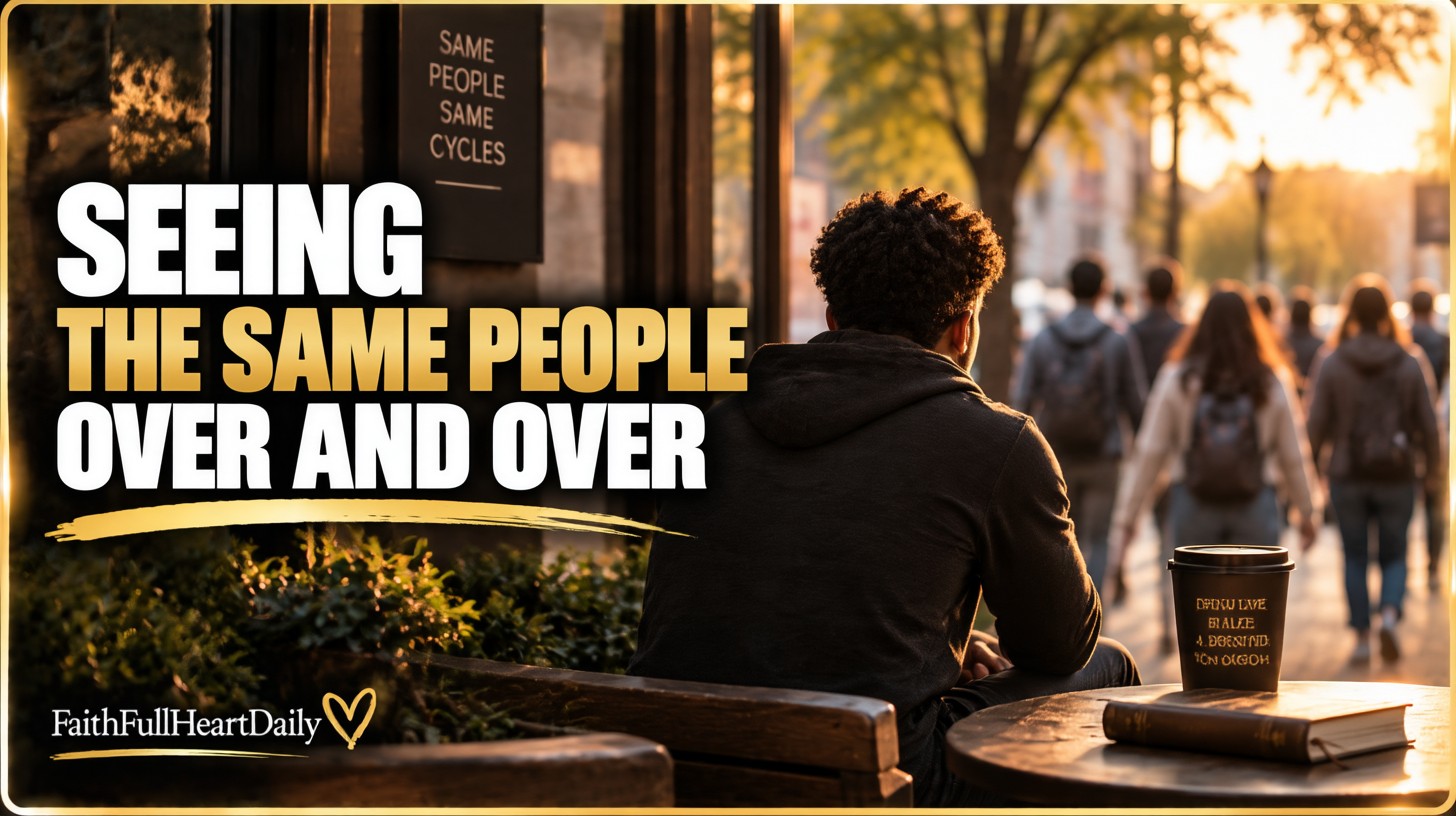 A man shown completely from behind sits outdoors at golden hour, watching the same people pass by in the distance. Bold text reads “Seeing the Same People Over and Over,” with FaithFullHeartDaily branding